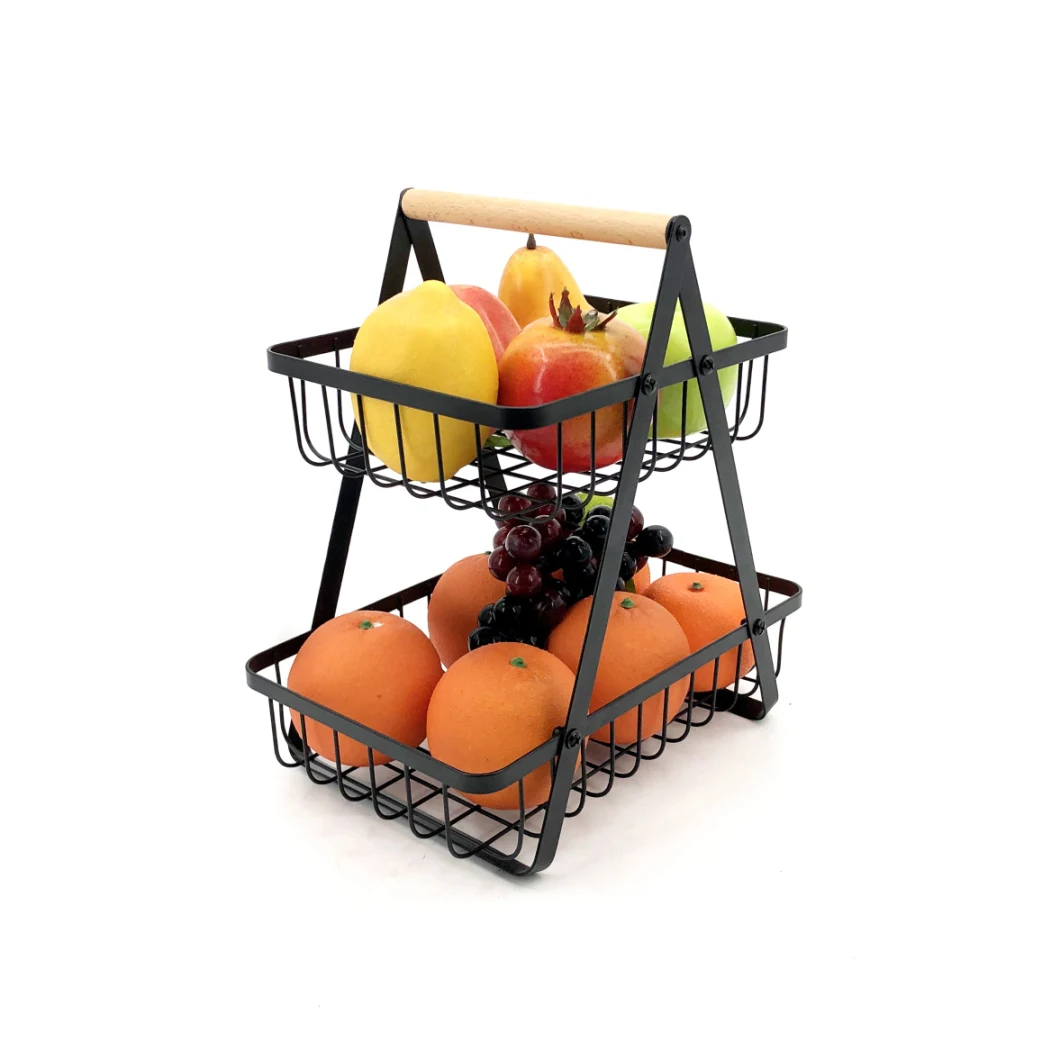 Factory Wholesale 2 Tier Rectangle Detachable Fruit Bread Basket with Wood Handle