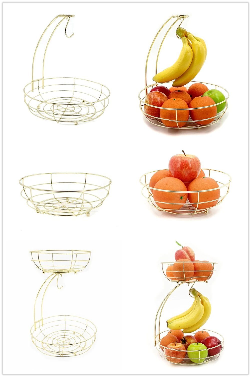 Custom Metal Wire Detachable Gold 2 Tier Fruit Basket with Banana Hanger Stand