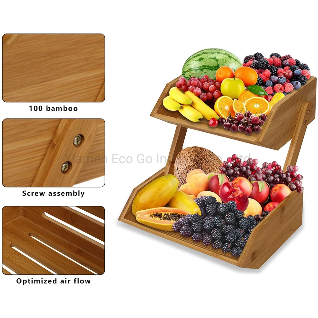 2-Tier Bamboo Fruit Holder Vegetable Bread Storage Stand, Bamboo Fruit Basket for Kitchen